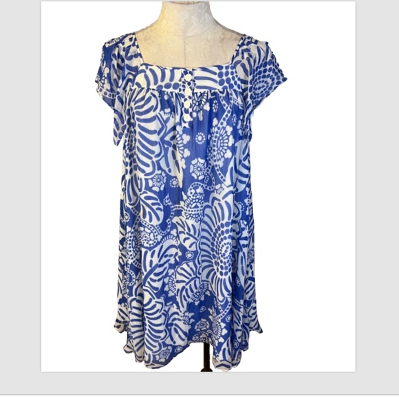 Anthropologie Tibi Silk Dress 6 Blue Ivory Short Sleeve Relaxed Fit Shift Flowy - Picture 3 of 15